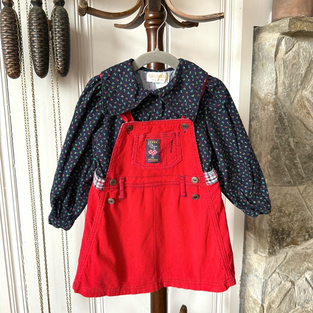 Vintage Corduroy Overalls Jumper Dress with Long Sleeve Top 3t